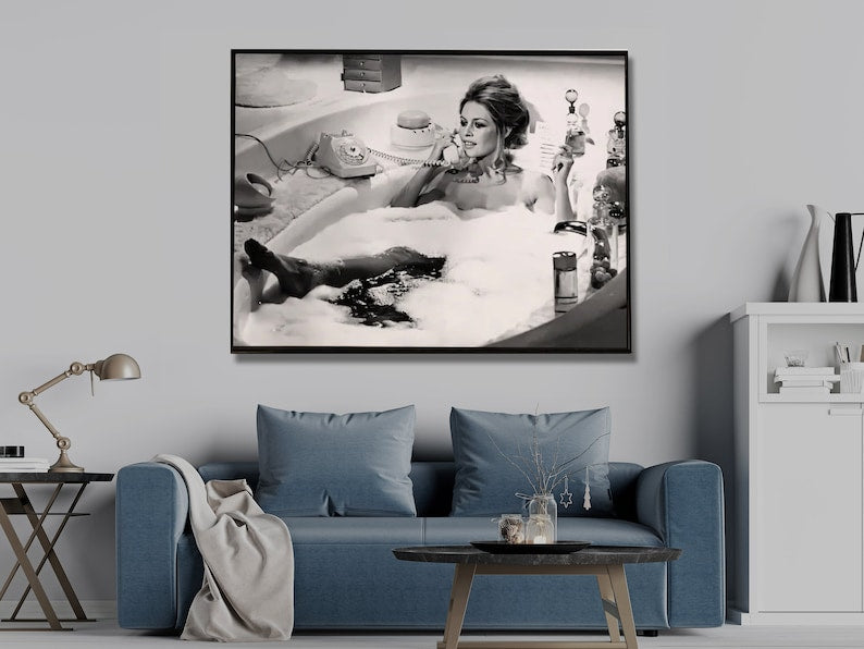 Brigitte Bardot Bath Time Canvas Art - 50cmx70cm Framed Print with Black Float Frame