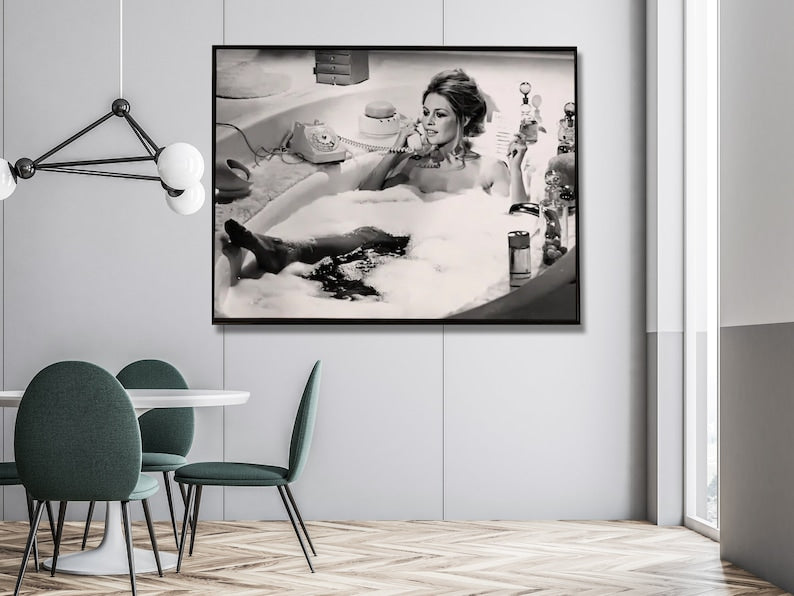 Brigitte Bardot Bath Time Canvas Art - 50cmx70cm Framed Print with Black Float Frame