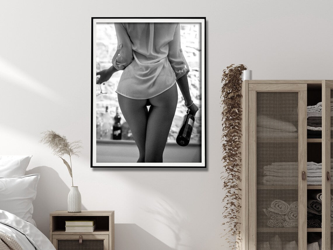 Elegant Black and White Canvas Art of a Woman Enjoying Wine - 70cm x 100cm with Framed Finish