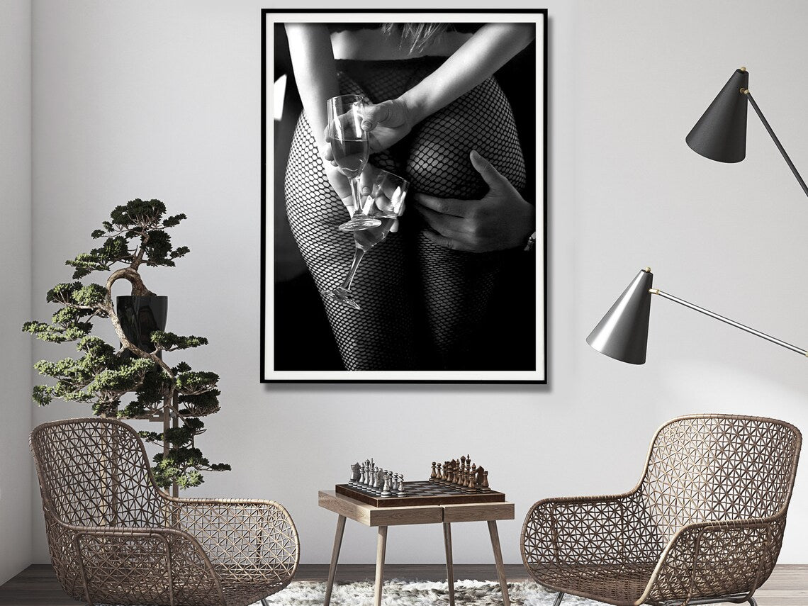 Elegant Black Framed Canvas Art: Woman Enjoying Wine at the Bar, 90cm x 135cm