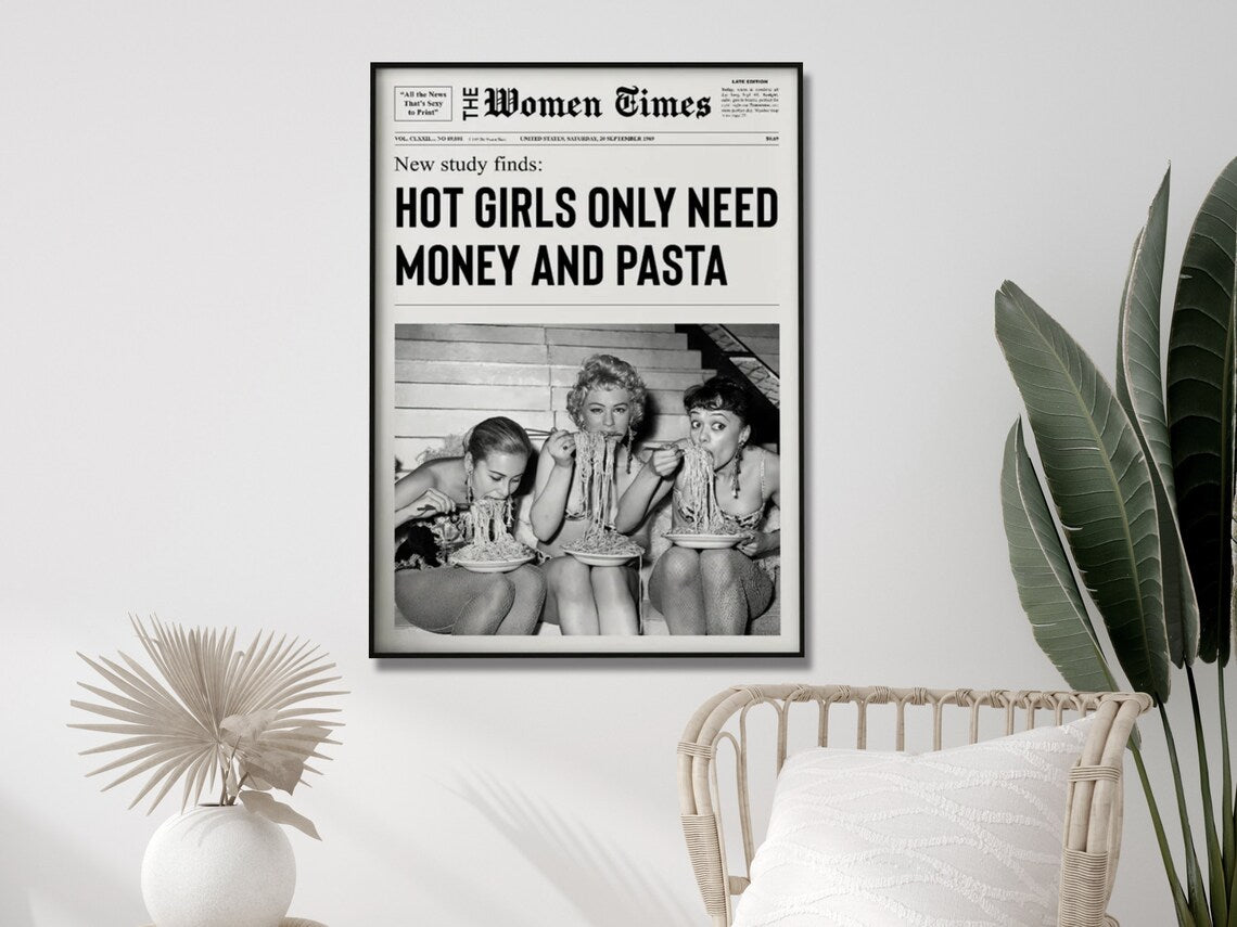 Vintage Fashion Woman Enjoying Pasta - 40x60cm Canvas Wall Art in Black Frame