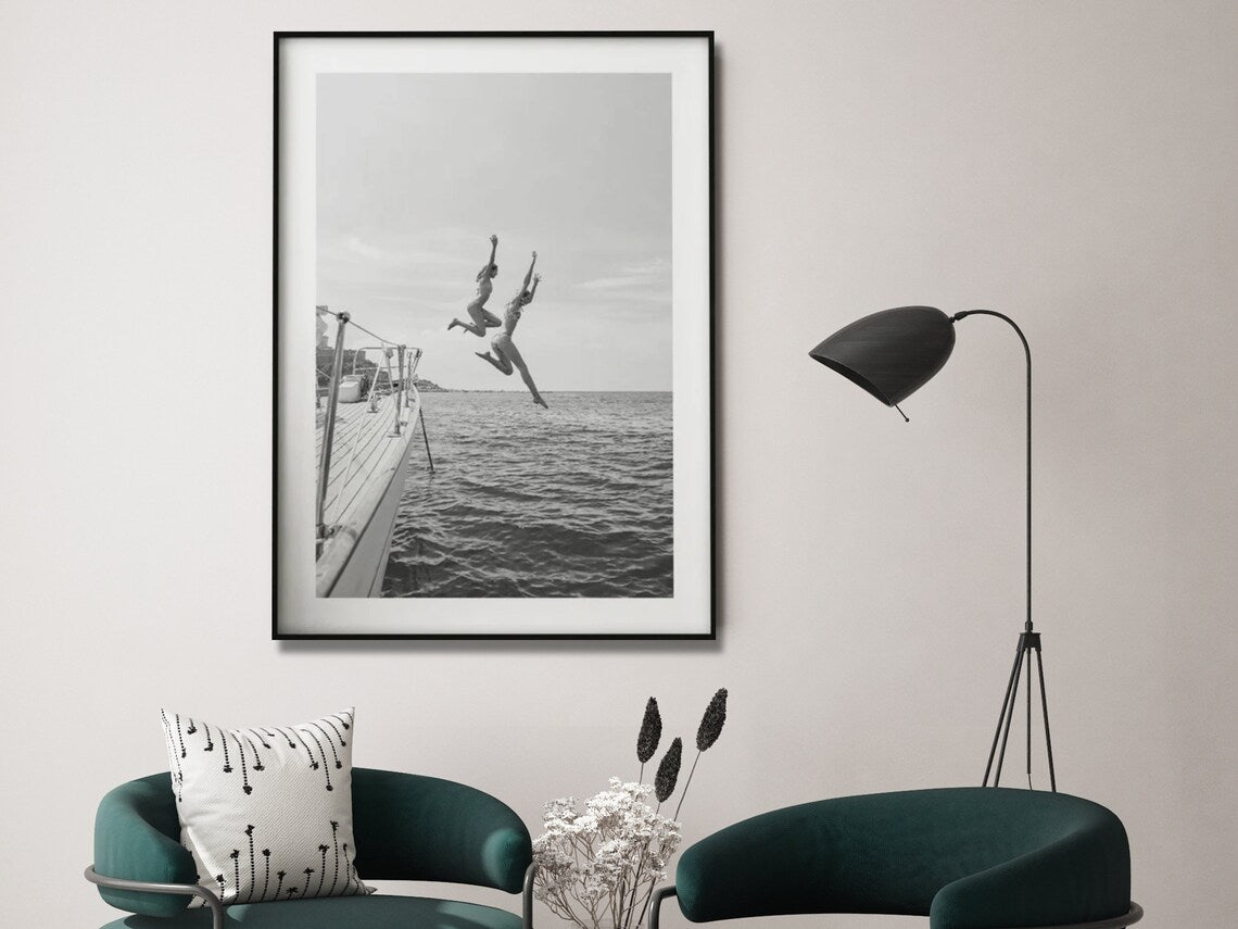 Black and White Ocean Leap Framed Canvas Art - 50x70cm