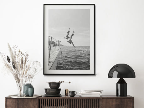 Black and White Ocean Leap Canvas Art - 70cm x 100cm with Black Floating Frame