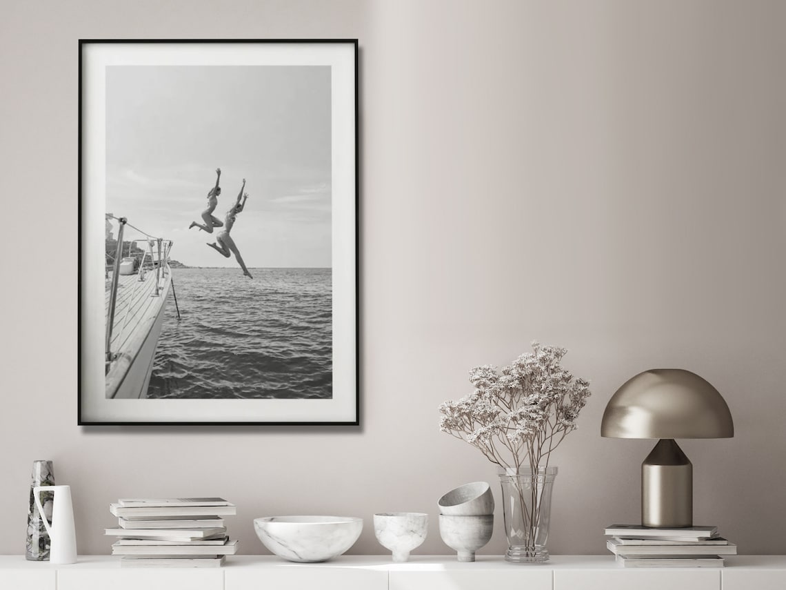 Black and White Ocean Leap Canvas Art - 70cm x 100cm with Black Floating Frame