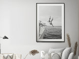 Black and White Ocean Leap Canvas Art - 70cm x 100cm with Black Floating Frame