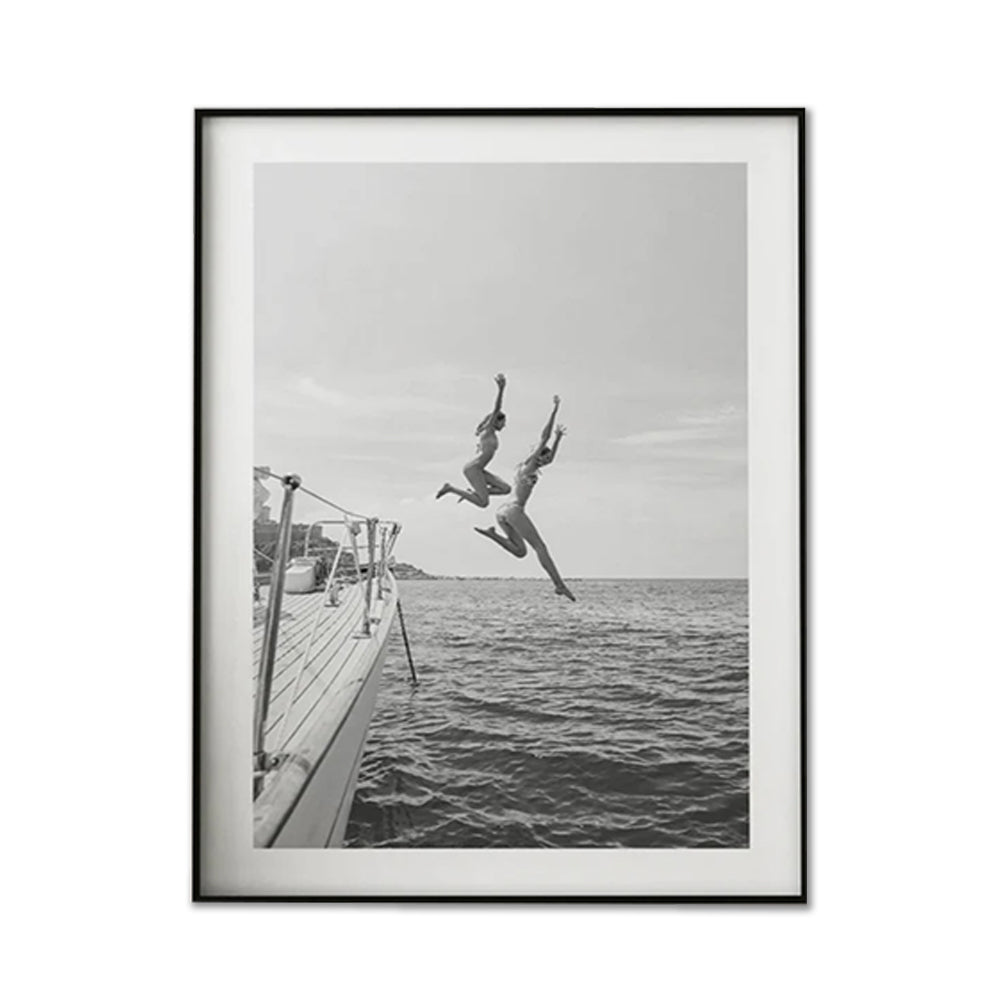 Stunning Black and White Ocean Jump Canvas Art with Floating Frame - 80cm x 120cm