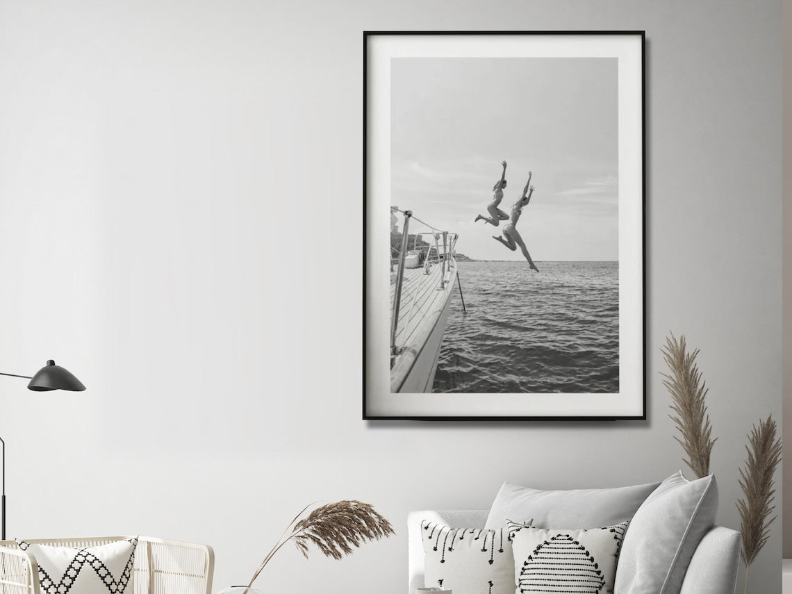 Stunning Black and White Ocean Jump Canvas Art with Floating Frame - 80cm x 120cm