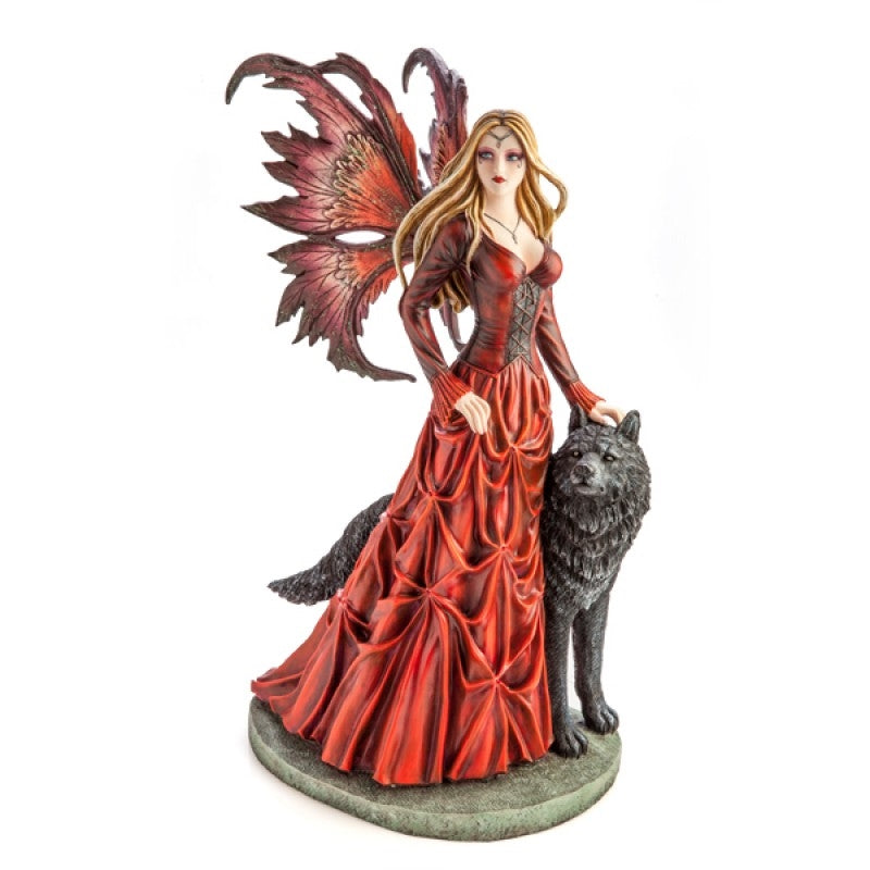 Majestic Red Fairy Princess Accompanied by Black Wolf Figurine