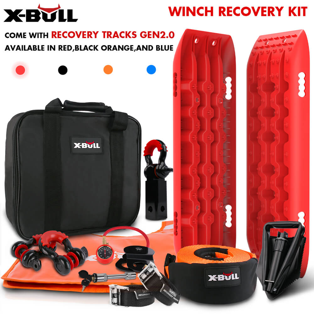 X-BULL Winch Recovery Kit Snatch Strap Off Road 4WD with Recovery Tracks Gen 2.0 Boards RED