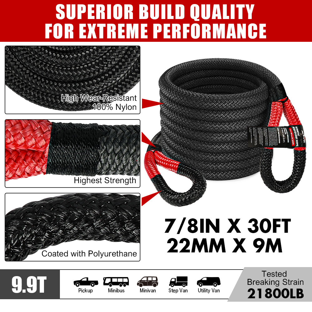 X-BULL 13-Piece 4WD Recovery Kit with Kinetic Rope, Snatch Strap, Soft Shackles, and Winch Accessories