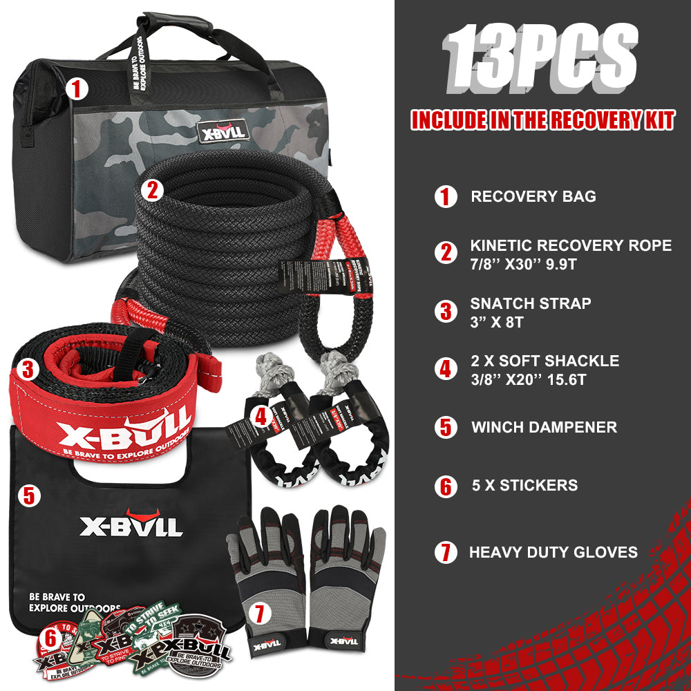 X-BULL 13-Piece 4WD Recovery Kit with Kinetic Rope, Snatch Strap, Soft Shackles, and Winch Accessories