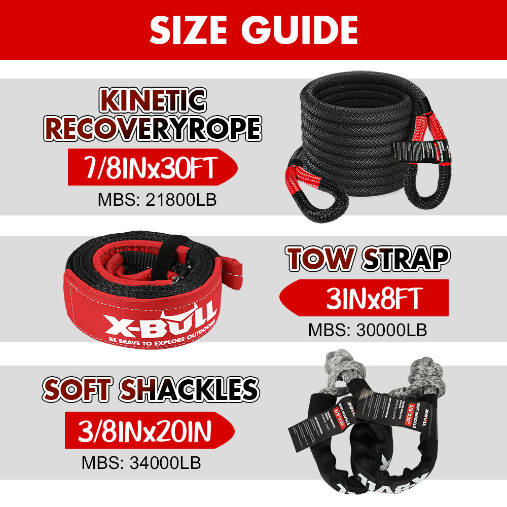 X-BULL 13-Piece 4WD Recovery Kit with Kinetic Rope, Snatch Strap, Soft Shackles, and Winch Accessories