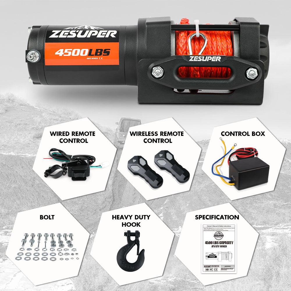 ZESUPER 4500LBS 12V Electric ATV Winch with Synthetic Rope for Boat Trailers