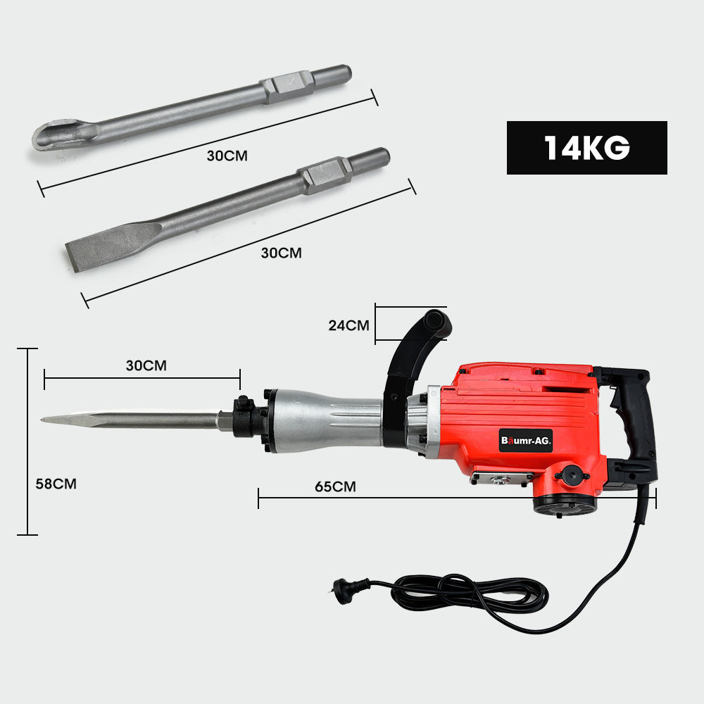 Baumr-AG 2200W Pro-Grade Electric Demolition Jackhammer, with 3 Bonus Chisels, Carry Case