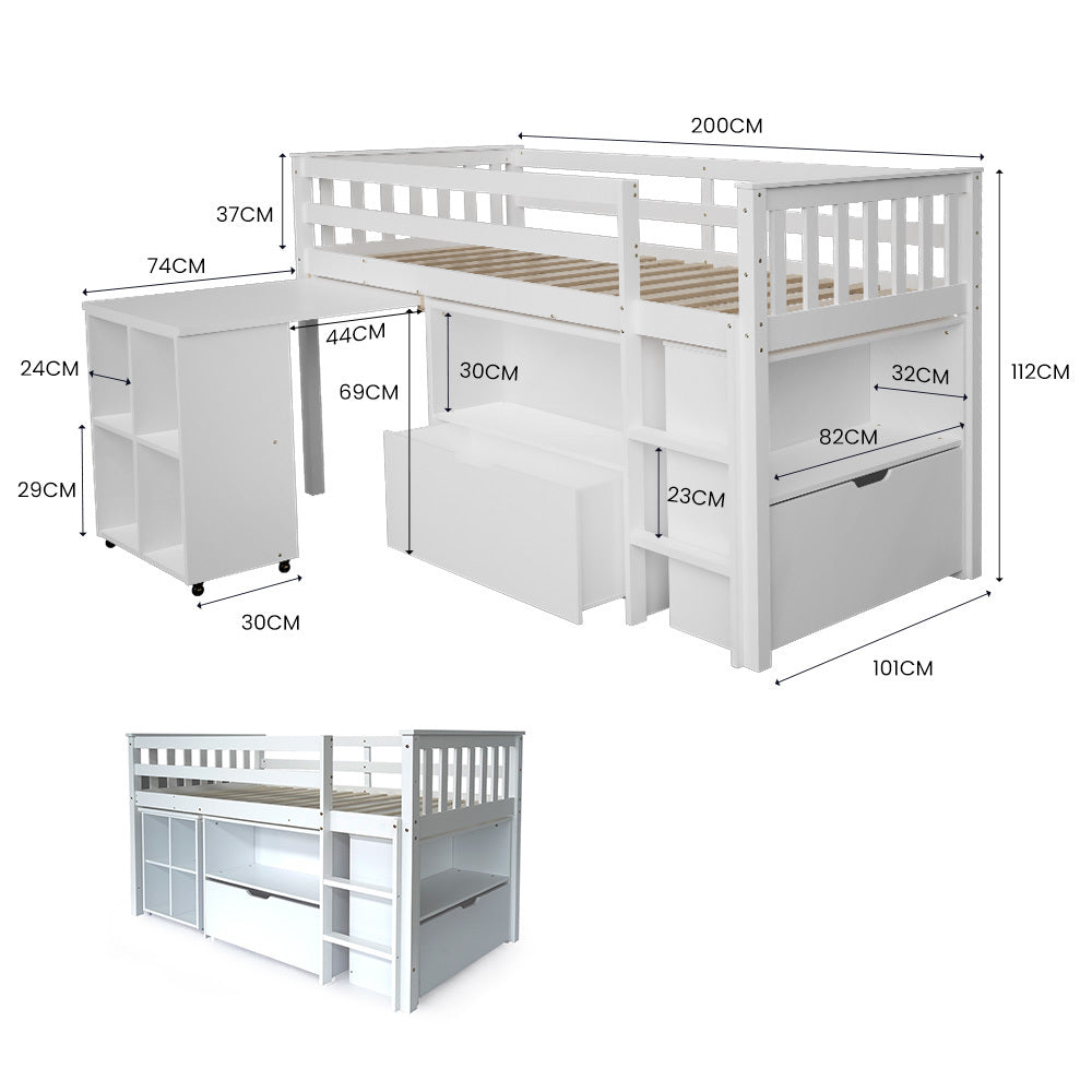 KINGSTON SLUMBER Wooden Kids Single Loft Bed Frame with Pull Out Desk, Storage Drawers - White