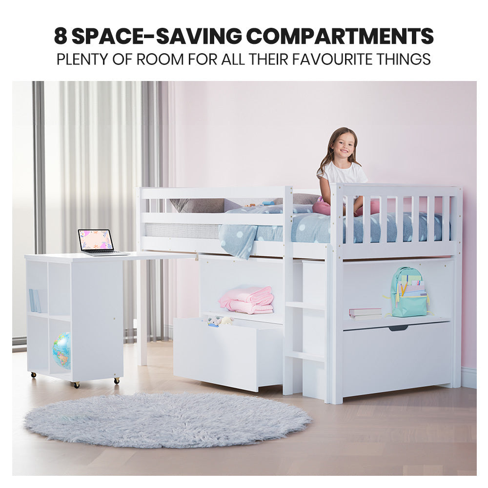 KINGSTON SLUMBER Wooden Kids Single Loft Bed Frame with Pull Out Desk, Storage Drawers - White