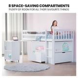 KINGSTON SLUMBER Wooden Kids Single Loft Bed Frame with Pull Out Desk, Storage Drawers - White