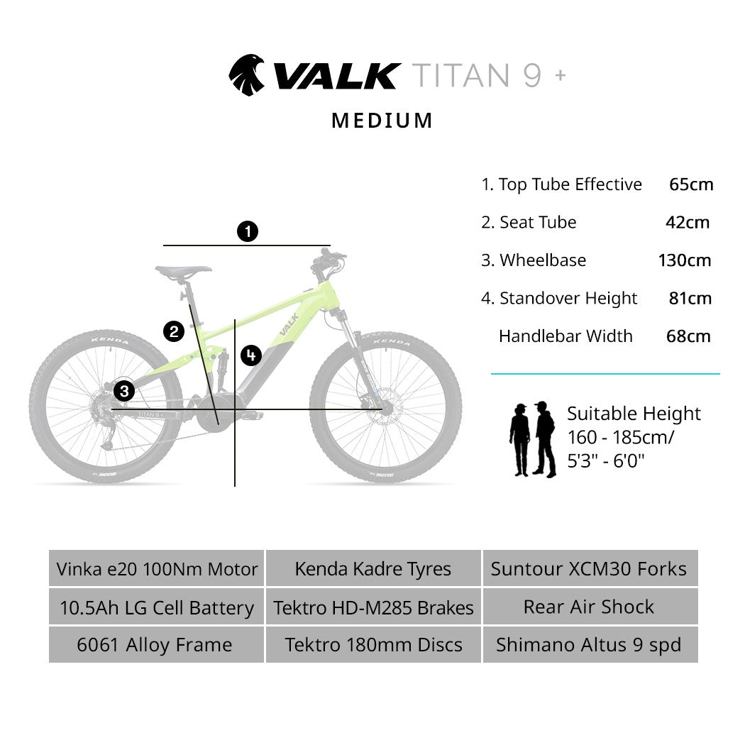 VALK Titan 9+ Electric Dual Suspension Mid Drive Mountain eMTB Bike, Medium Frame, Black/Lime