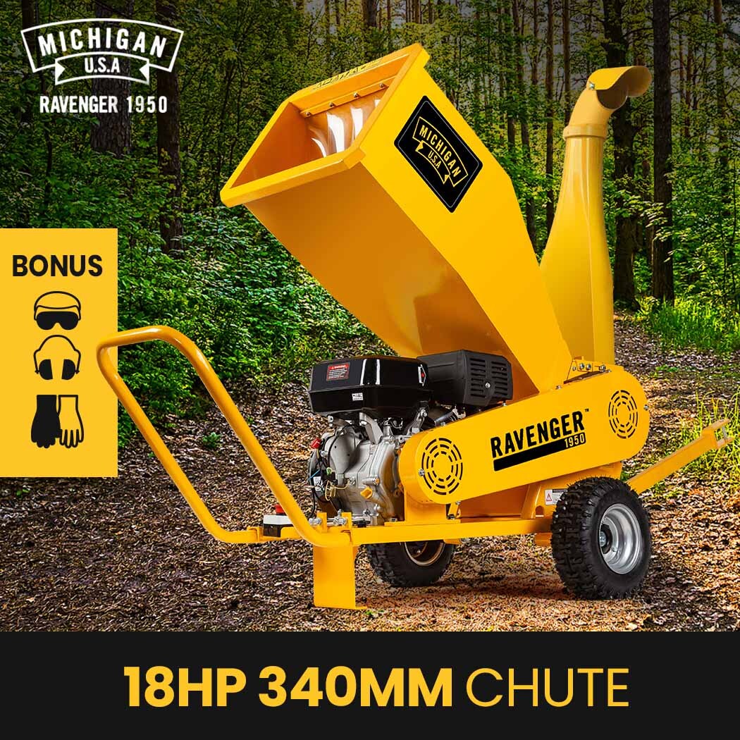 MICHIGAN 18HP 420cc Petrol Commercial Wood Chipper, Towable, Tree Mulcher - Ravenger 1950