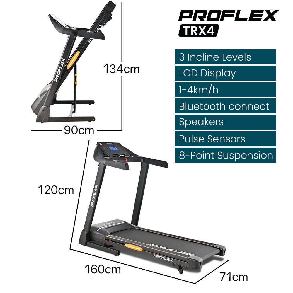 PROFLEX TRX4 Electric Treadmill, Medium Size, Foldable, Suspension, Bluetooth, USB/MP3, Pulse Sensors, Fitness Tracker