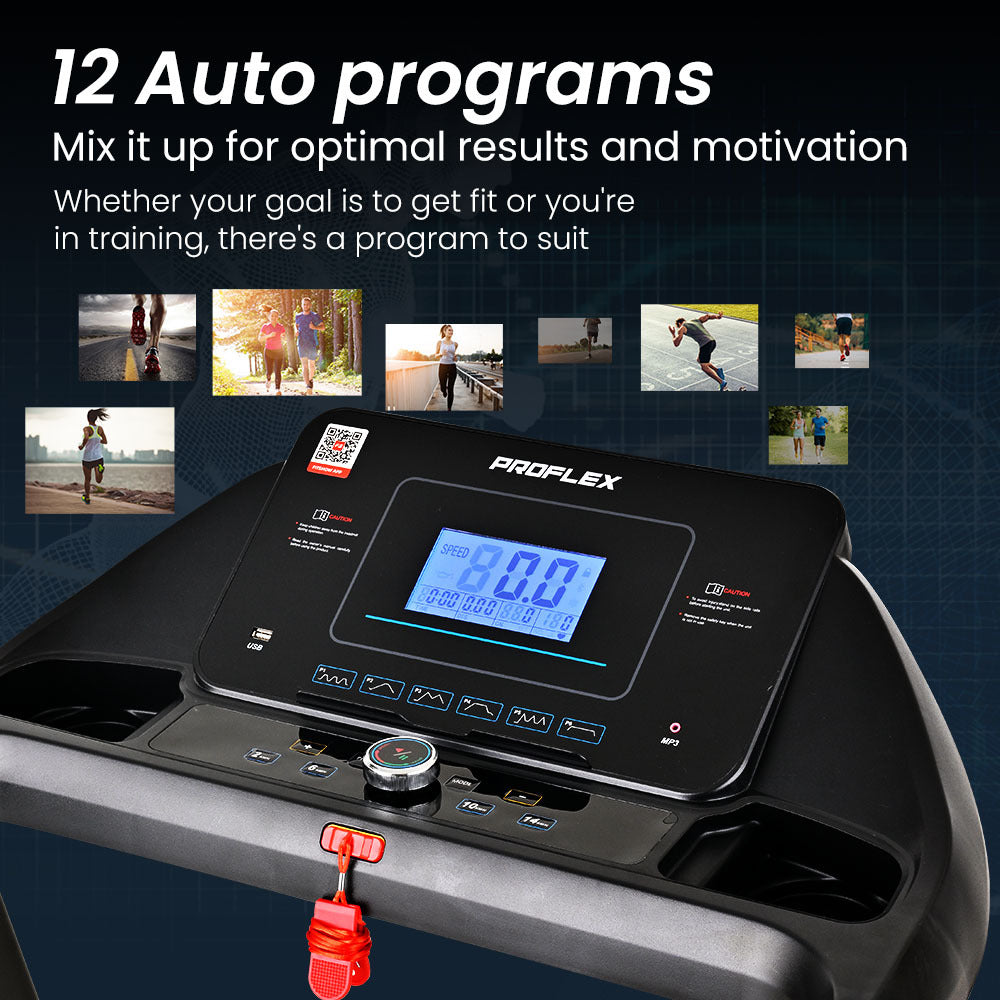 PROFLEX TRX4 Electric Treadmill, Medium Size, Foldable, Suspension, Bluetooth, USB/MP3, Pulse Sensors, Fitness Tracker