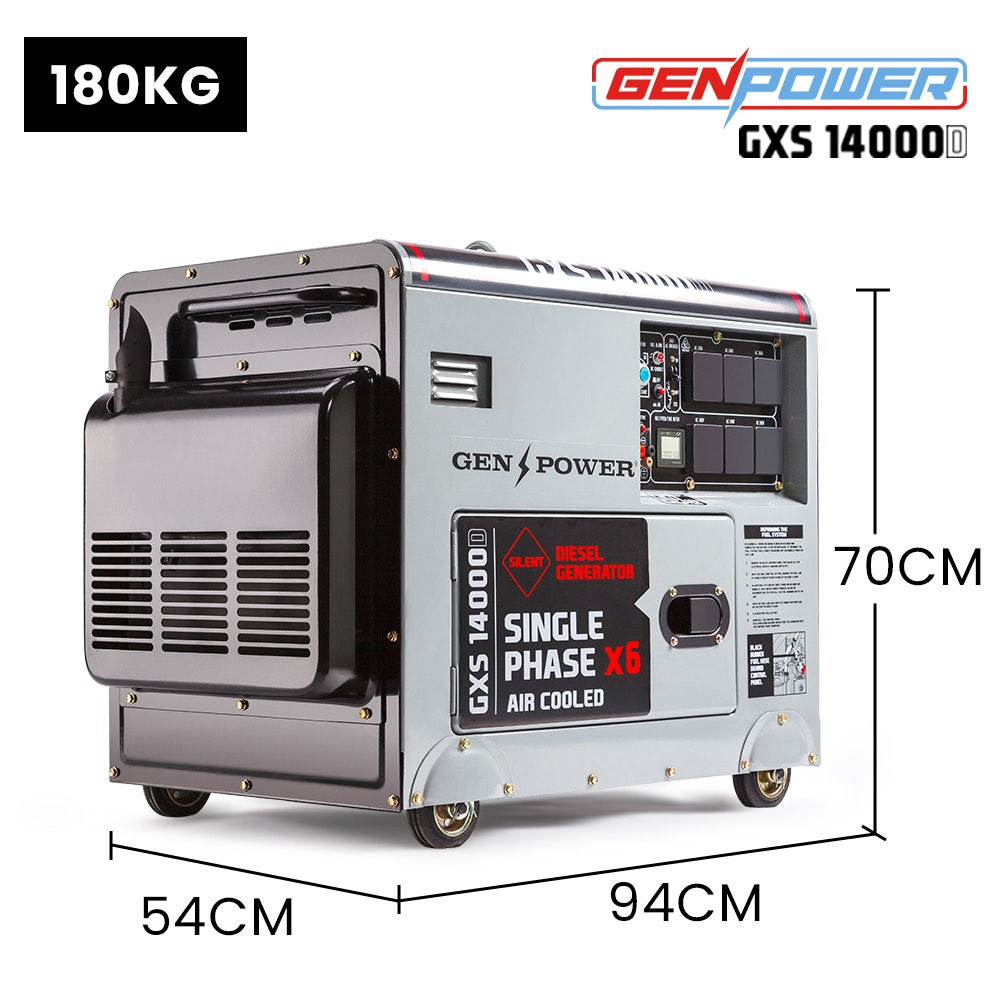 GENPOWER 8.4kW Peak 6kW Rated Commercial Diesel Generator, Electric Key Start, 6 x 15A, Single Phase