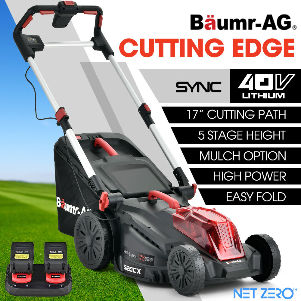 BAUMR-AG 520CX 40V SYNC 17" Cordless Lawn Mower Kit, Fast Charger, 2 x 4Ah Battery, 5 Cutting Heights, Adjustable Ergonomic Handle, Mulching Option