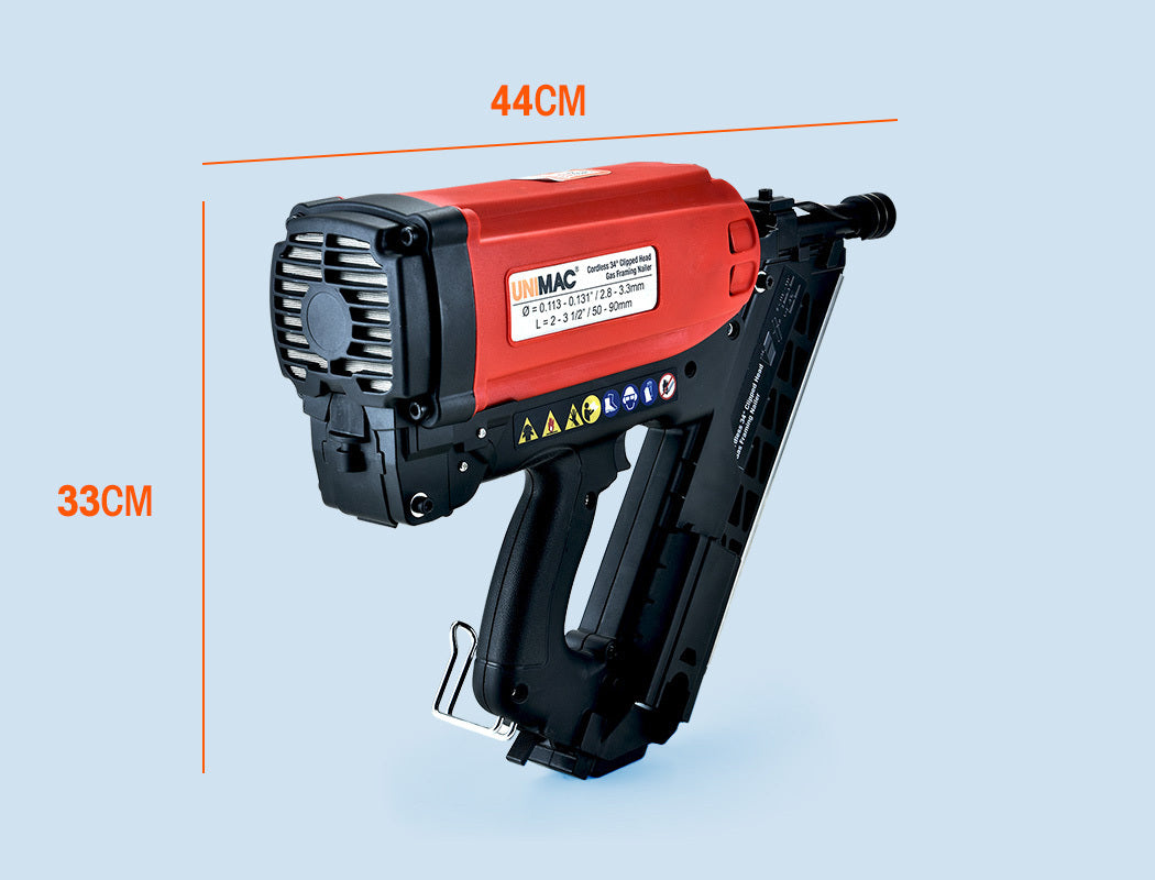 UNIMAC LXG3000 MkII 50-90mm 34-Deg Gas Framing Nail Gun, Commercial Brushless Gas Nailer, with 2 Li-Ion Batteries