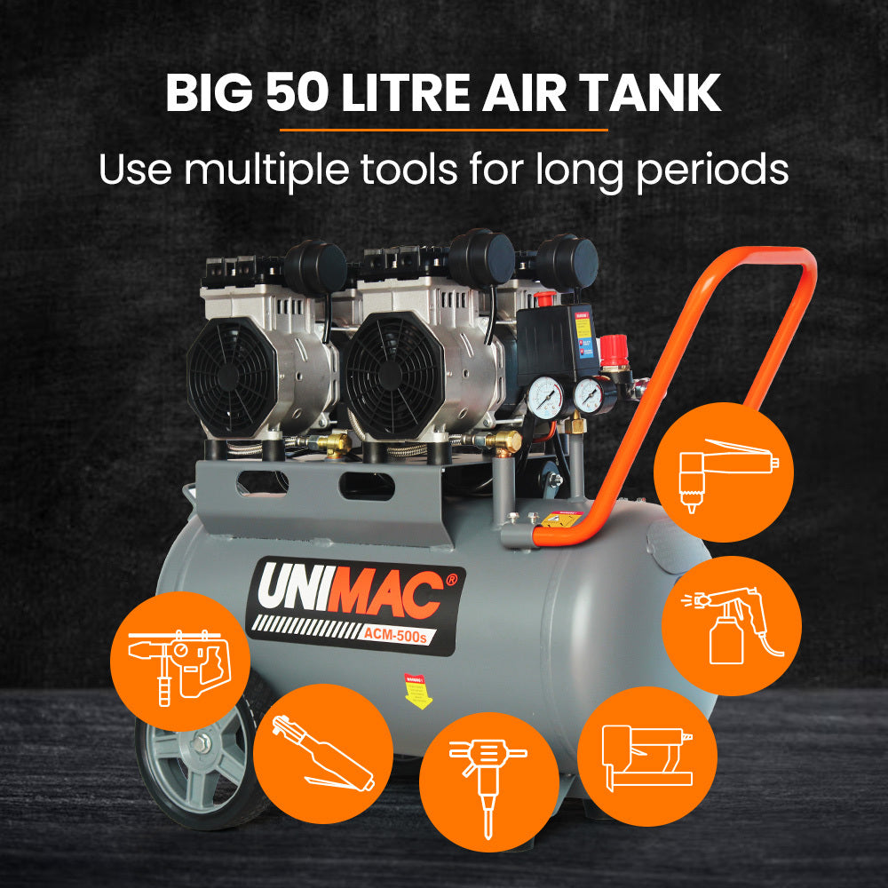 UNIMAC 50L 3.0HP Silent Oil-Free Electric Air Compressor, Portable, Twin Nitto Outlets