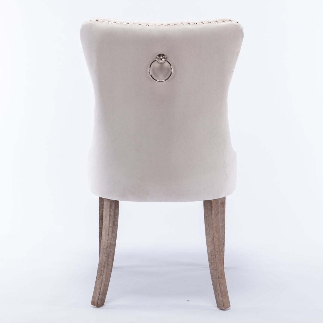 2x Velvet Dining Chairs Upholstered Tufted Kithcen Chair with Solid Wood Legs Stud Trim and Ring-Beige