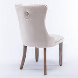 2x Velvet Dining Chairs Upholstered Tufted Kithcen Chair with Solid Wood Legs Stud Trim and Ring-Beige