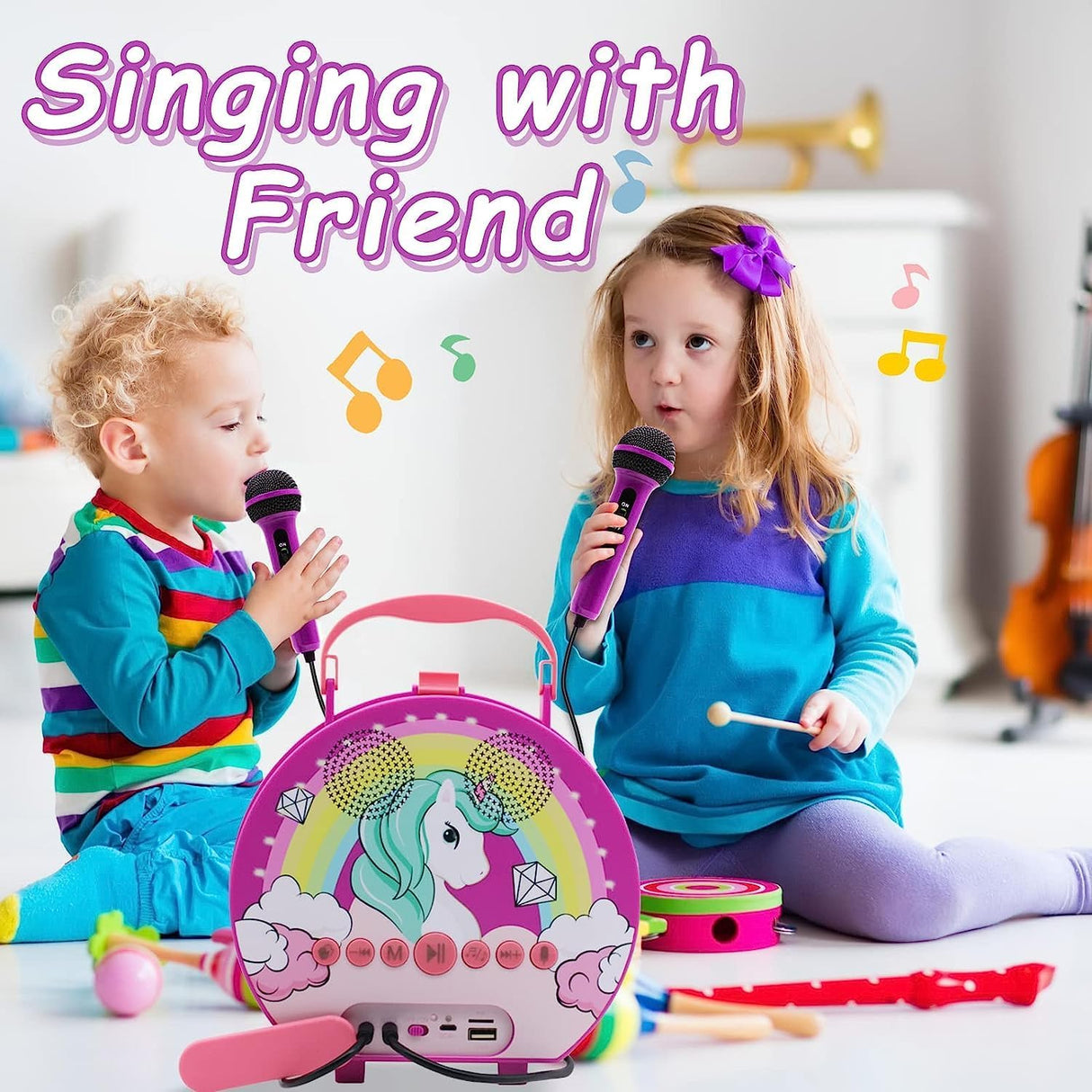 GOMINIMO Children's Round Karaoke System with Dual Microphones (Purple Unicorn Design)