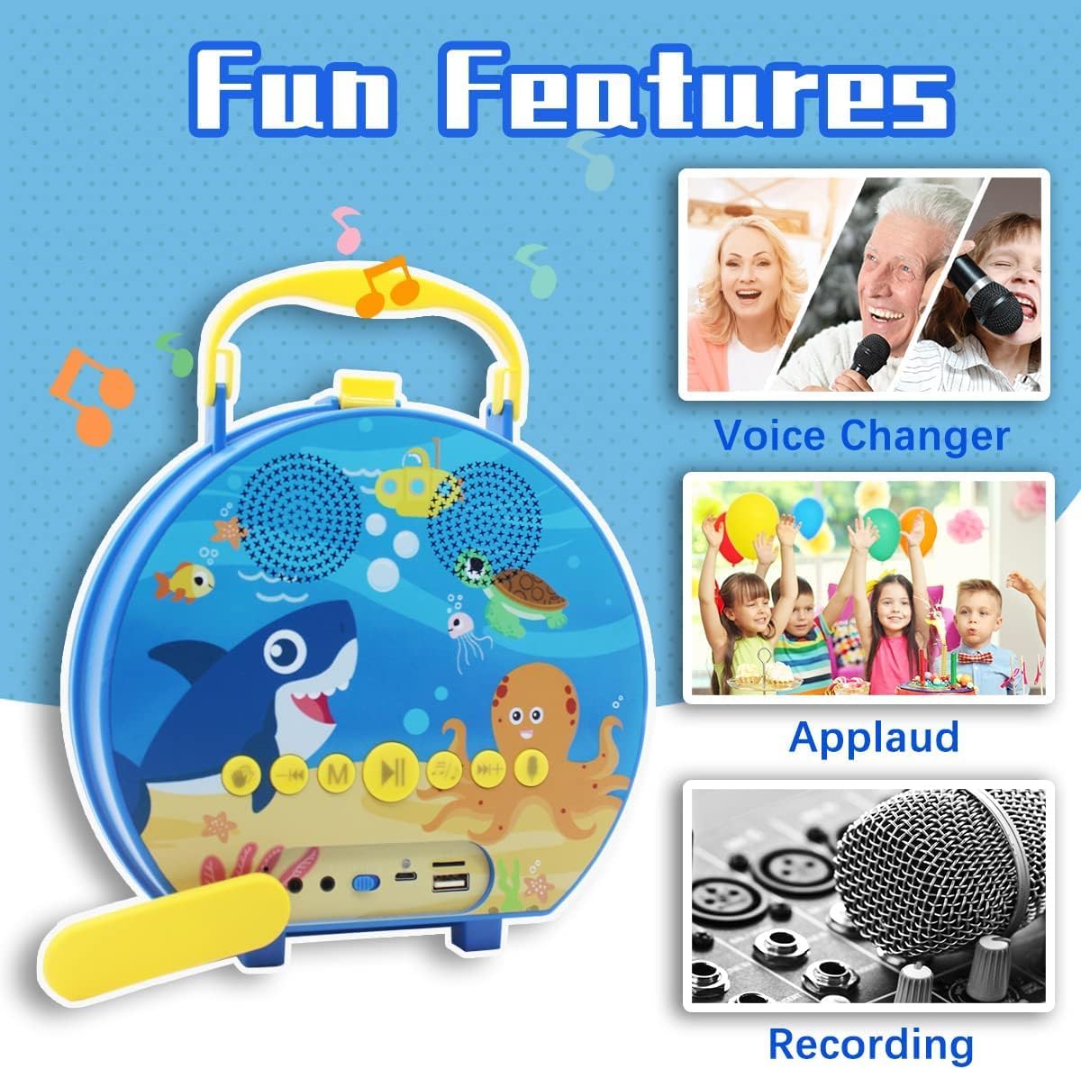 GOMINIMO Blue Shark Kids Karaoke Machine with Dual Microphones