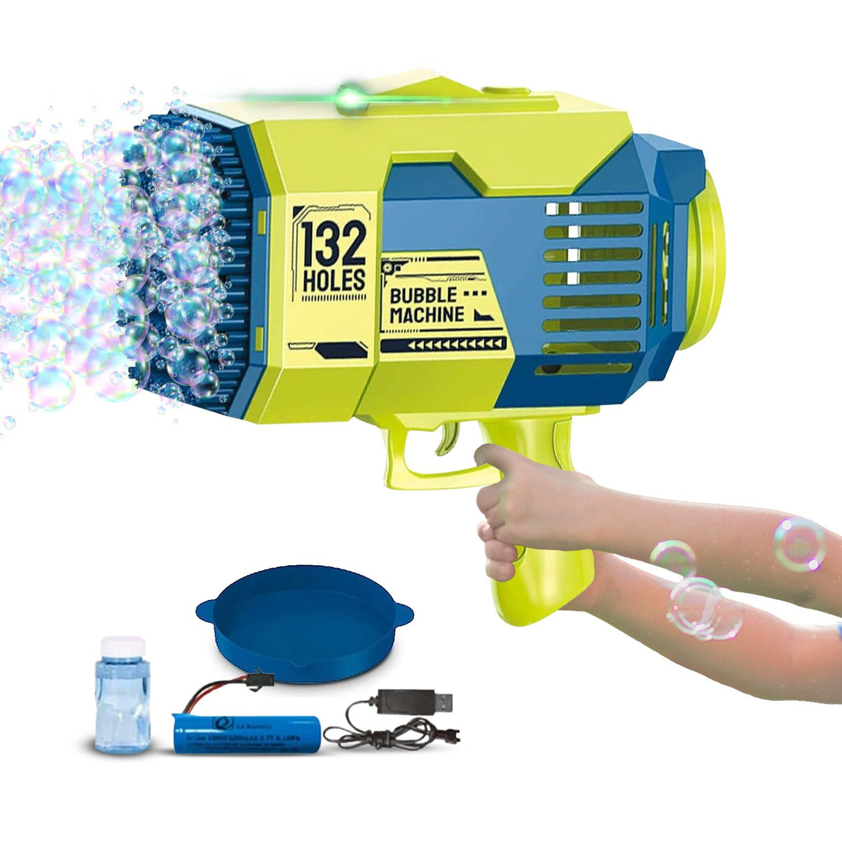 GOMINIMO 132-Hole Bubble Blaster Gun for Kids - Vibrant Dark Blue & Green Design