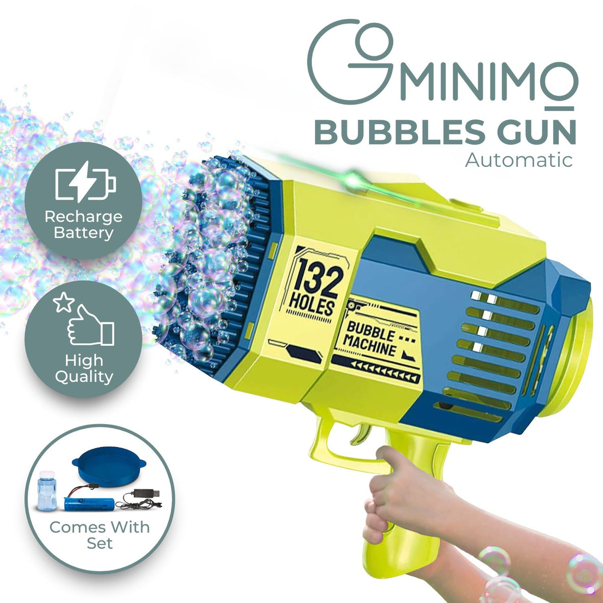 GOMINIMO 132-Hole Bubble Blaster Gun for Kids - Vibrant Dark Blue & Green Design