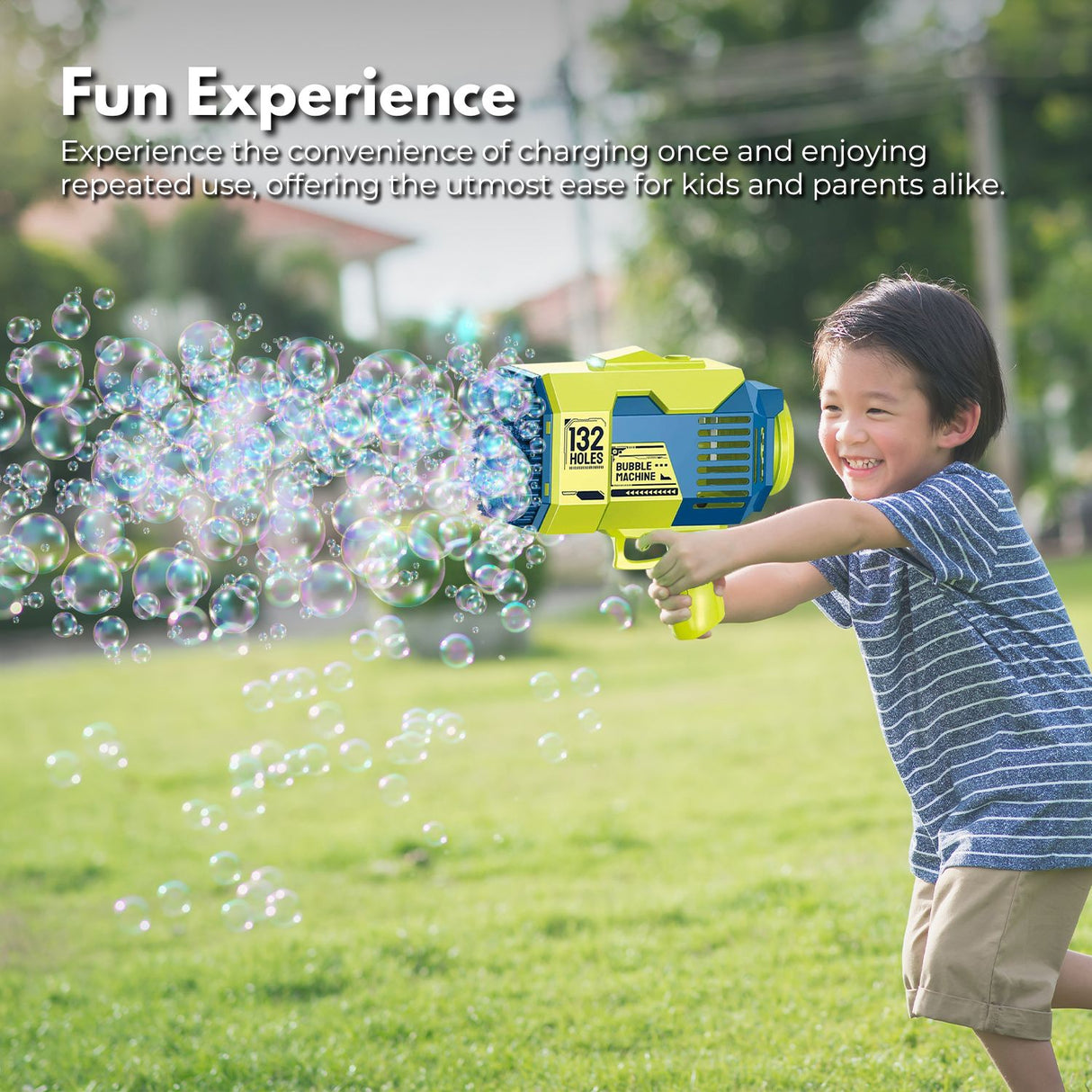 GOMINIMO 132-Hole Bubble Blaster Gun for Kids - Vibrant Dark Blue & Green Design