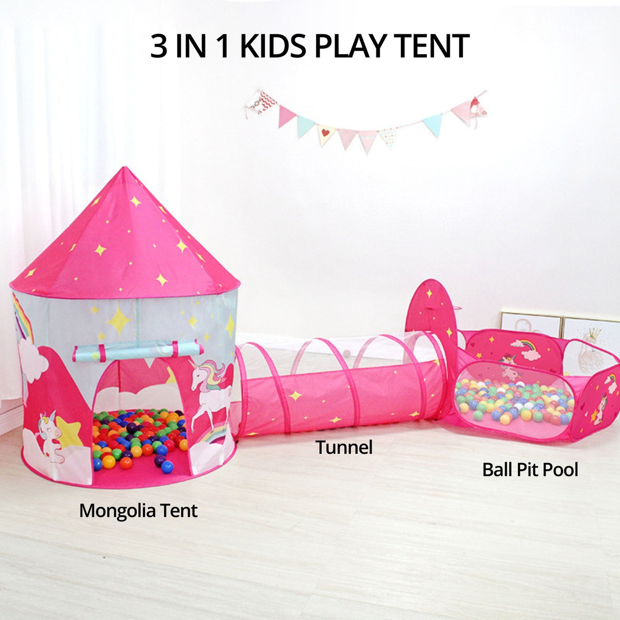 Magical 3-in-1 Unicorn Play Tent for Kids (Pink)