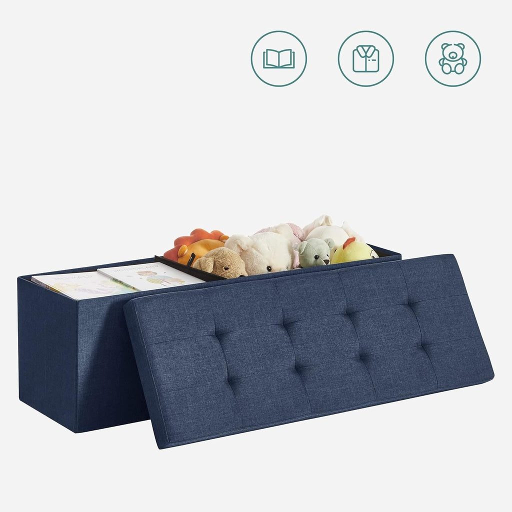 Navy Blue Foldable Storage Bench with Metal Divider and Comfortable Padding - 110cm by SONGMICS