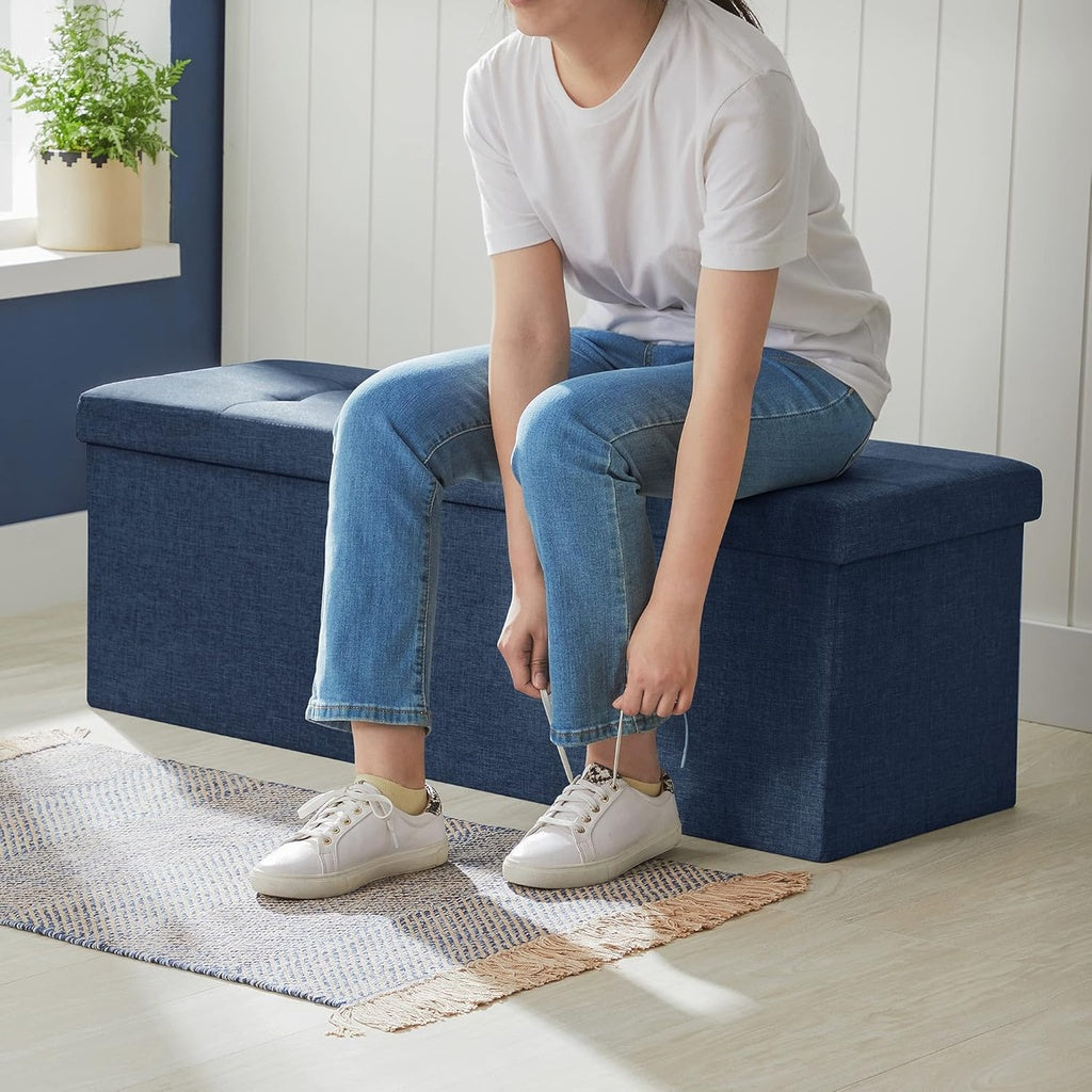 Navy Blue Foldable Storage Bench with Metal Divider and Comfortable Padding - 110cm by SONGMICS