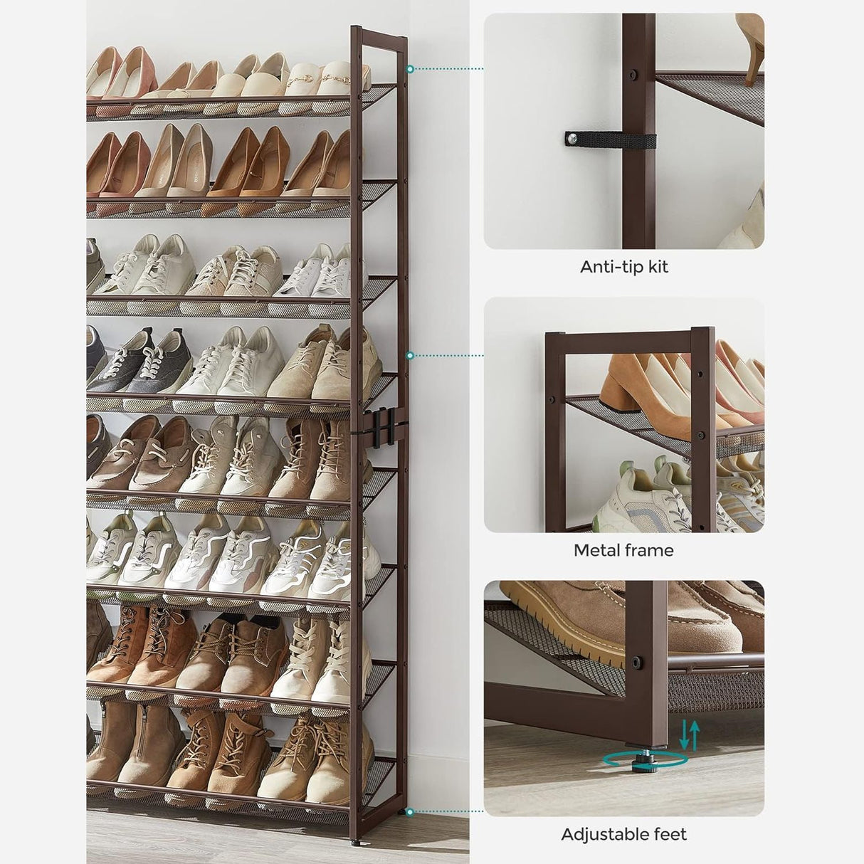 8-Tier Adjustable Bronze Shoe Rack for 32 Pairs with Detachable Shelves