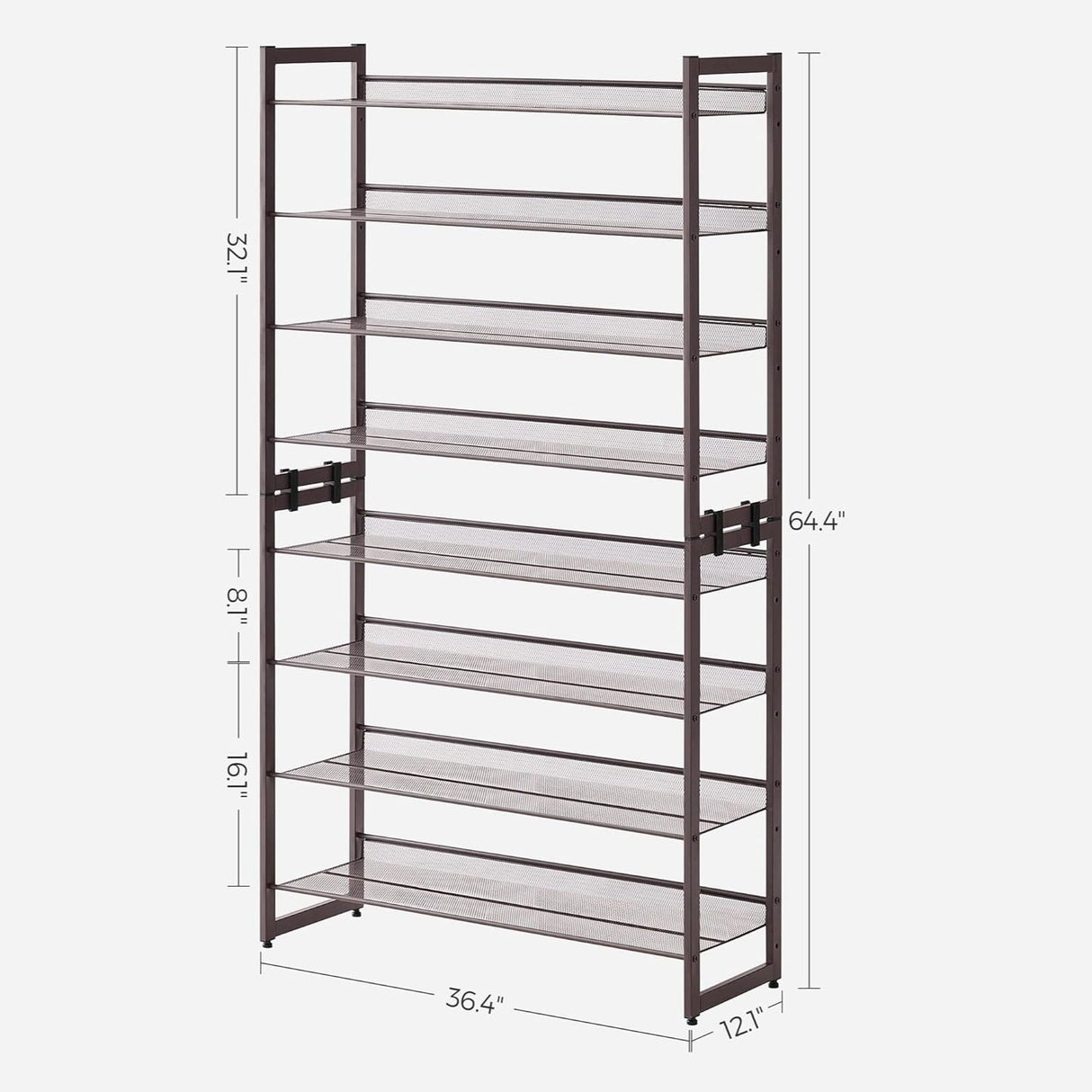 8-Tier Adjustable Bronze Shoe Rack for 32 Pairs with Detachable Shelves