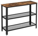 Rustic Industrial Console Table with Dual Mesh Shelves in Brown and Black