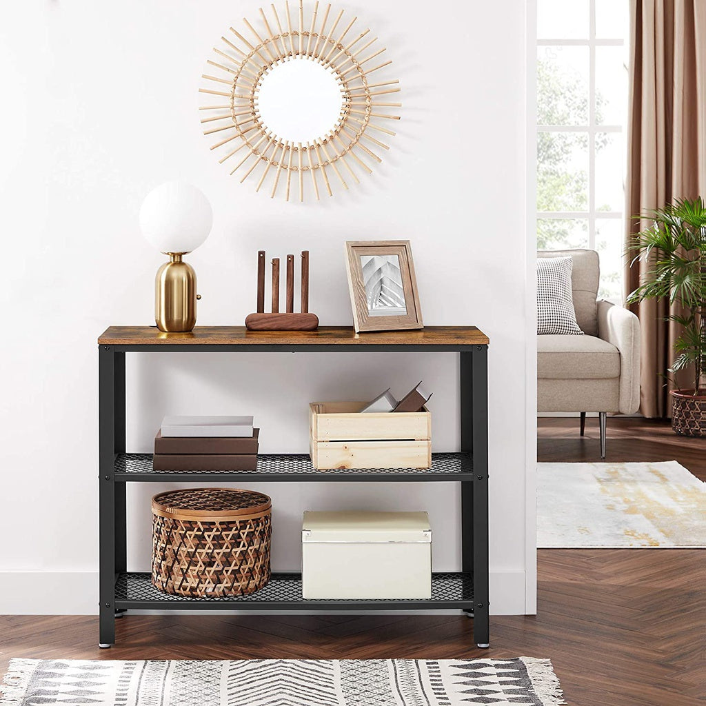 Rustic Industrial Console Table with Dual Mesh Shelves in Brown and Black