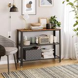 Rustic Industrial Console Table with Dual Mesh Shelves in Brown and Black