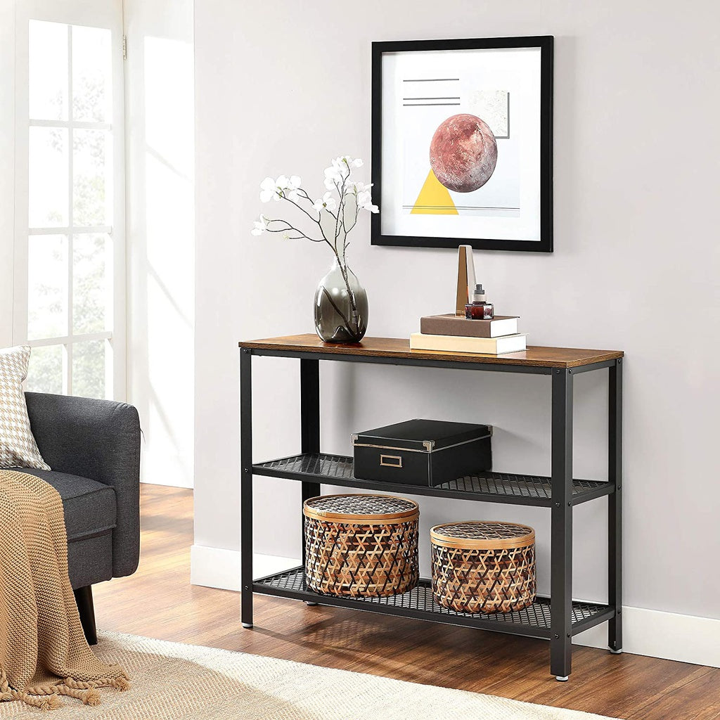 Rustic Industrial Console Table with Dual Mesh Shelves in Brown and Black