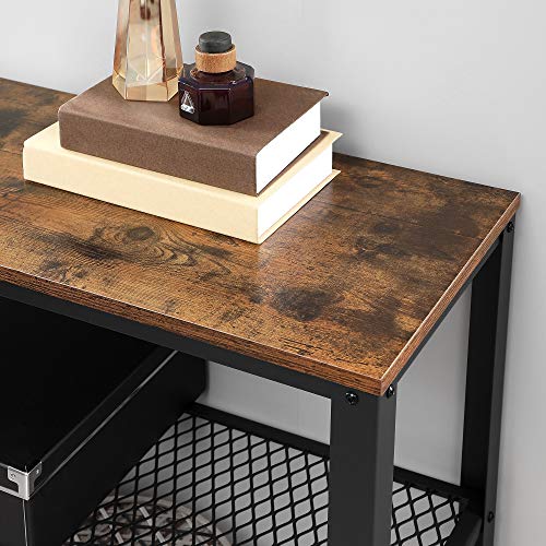 Rustic Industrial Console Table with Dual Mesh Shelves in Brown and Black