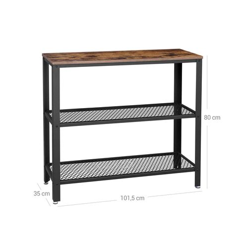 Rustic Industrial Console Table with Dual Mesh Shelves in Brown and Black