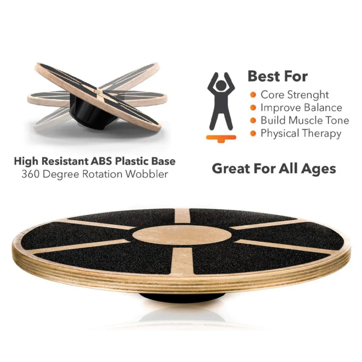 Verpeak Balance Wobble Board with Non-Slip Pads (Black and Wood Design)