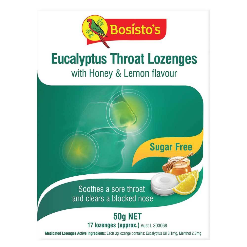 Bosisto's Sugar Free Eucalyptus Honey Lemon Throat Lozenges - 50g Soothing Relief