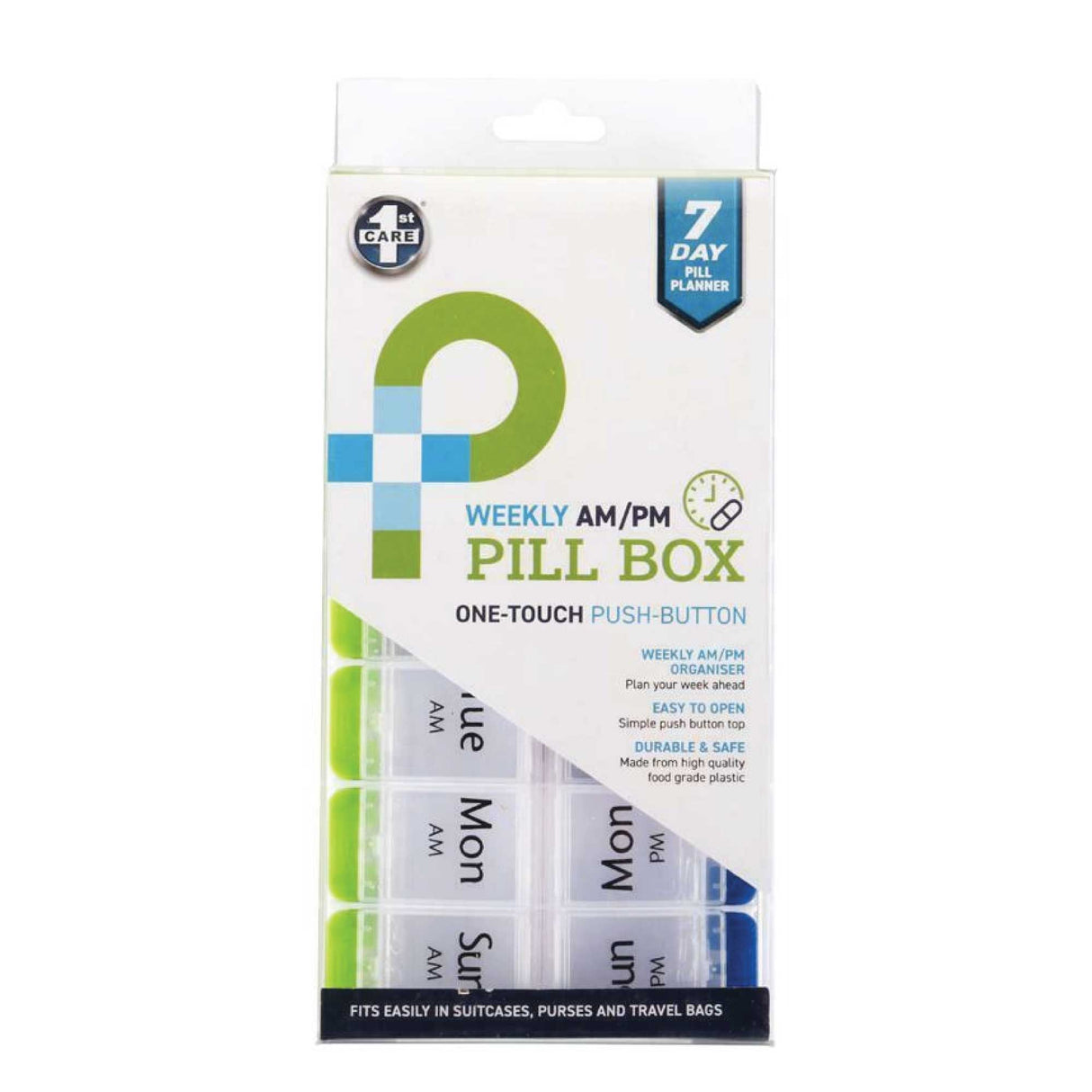 7-Day AM/PM Pill Organizer with 14 Compartments and One-Touch Push Button